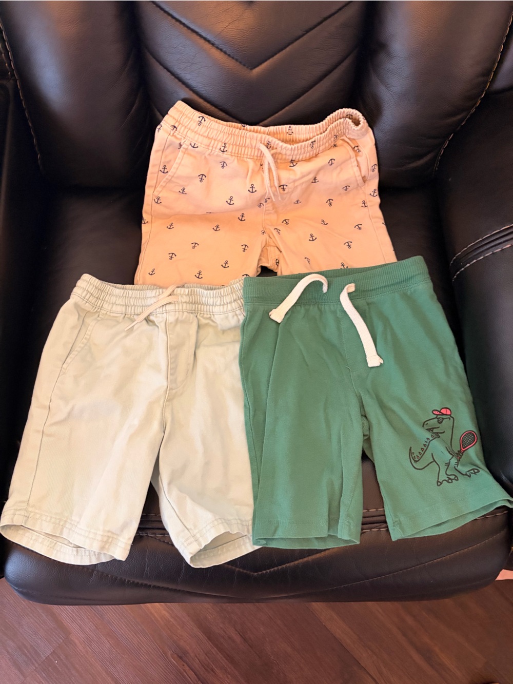Old Navy Peach Anchor Shorts, Pale Yellow Shorts, Green Dino Shorts